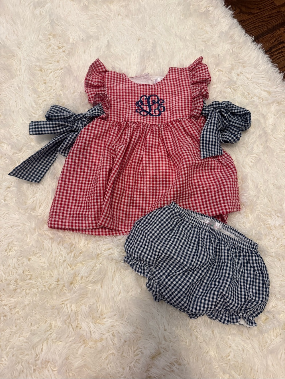 Red Gingham Girls Matching Set with Navy Bows